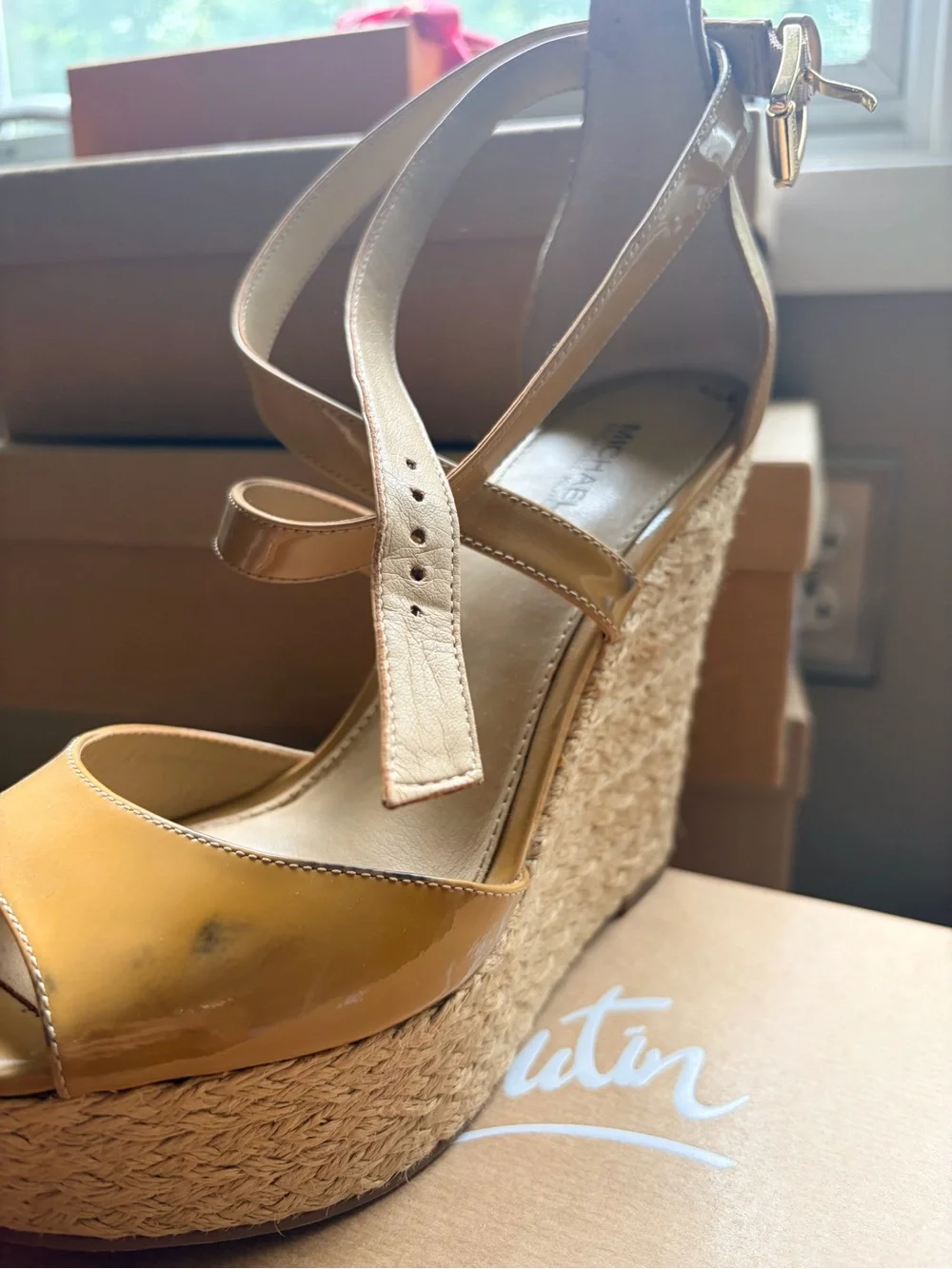 Michael Kors Patent Leather Espadrille Wedge Sandals in Mustard Tan.